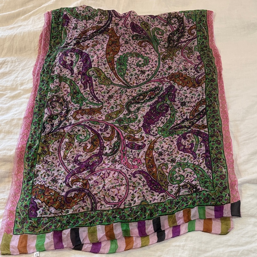 Translucent silk scarf/shawl, handmade and hand painted in India, approx 72"x28"